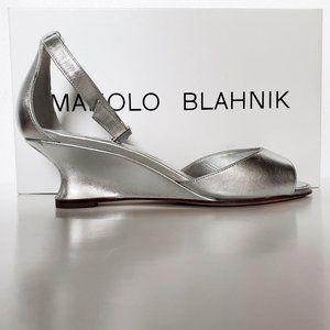 Manolo Blahnik Metallic Demi-Wedge Sandal, Silver